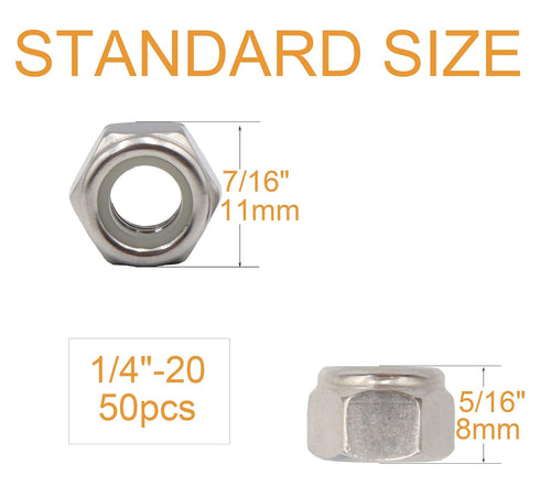 binifiMux 50pcs 1/4-20 Inch 304 1/4" Nylon Inserted Self Locking Nuts - Stainless Steel, Nylock Nuts for Furniture