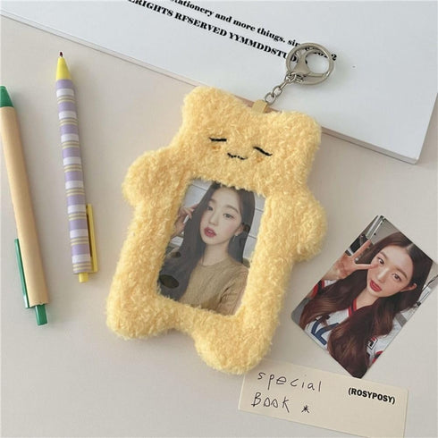 White Cartoon Plush Photocard Holder - Outdoor Girl Korean Style ID Card Cover, Protective Case for Student Badges