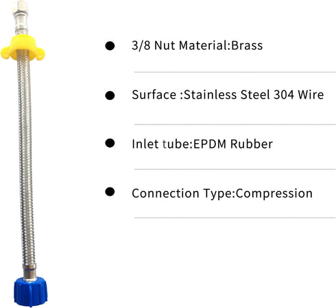 12inch Flexible Toilet Water Supply Line, Stainless Steel Braided Hose, 3/8 Female Compression x 7/8 Female Ballcock,