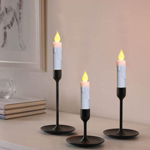 CVHOMEDECO. Set of 3 Flickering Taper Candles, LED Drip Flameless Candles, Battery Operated with Timer, White, 4-3/4