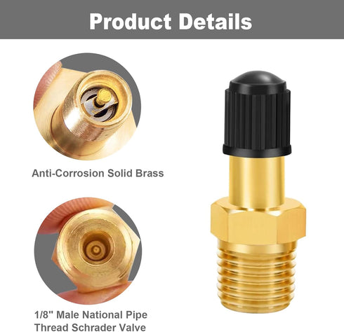 GODESON 1/8" NPT Tank Valve, Anti-Corrosion Brass Schrader Valve with Caps, Pack of 2