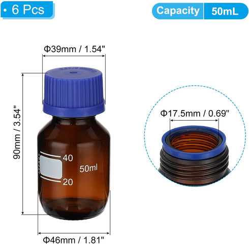 PATIKIL 6 Pack Reagent Media Storage Bottles, 50ml Borosilicate Glass with GL32 Blue Screw Cap