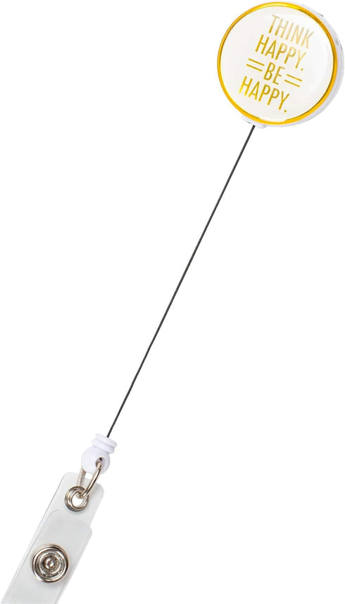 Think Happy Be Happy Gold Tone White Badge Reel with Alligator Clip for ID