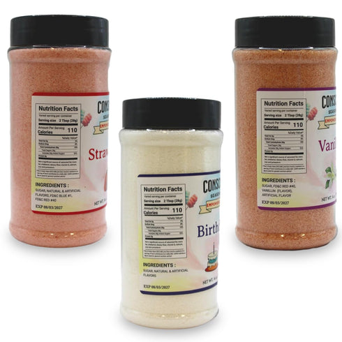 3-Pack 14 oz Sweet Flavors - Birthday Cake, Strawberry, and Pink Vanilla Flavored Flossugar | Bundle | Containers |
