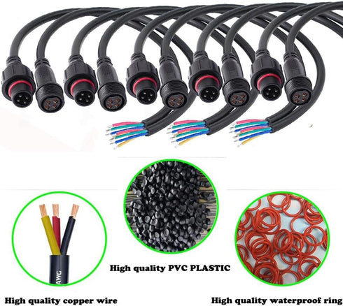 4 Wire Waterproof Connector - 4 Pin Male Female Plug LED Connector with 16AWG IP68 20CM Extension Cable for Car, Boat,