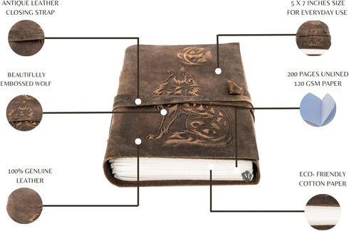 MONTEXOO Wolf Leather Journal, Sketch Book for Men Women, 200 Pages Notebook Diary, Dnd Travel Bullet, 5 x 7 inch