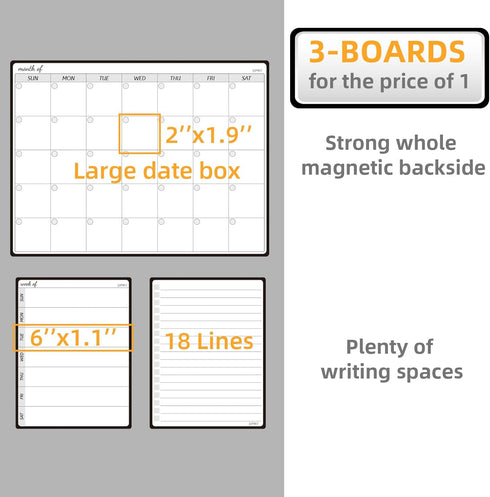 JJPRO Magnetic Monthly Calendar Whiteboard Set for Fridge, Meal Planner Board with Bonus Grocery & Weekly Menu Board