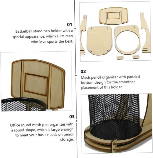Basketball Stand Pen Holder, Kid Pencils Mesh Wire Pencil Cup Holder, Child Desk Kids Office Wood Grain Storage Box