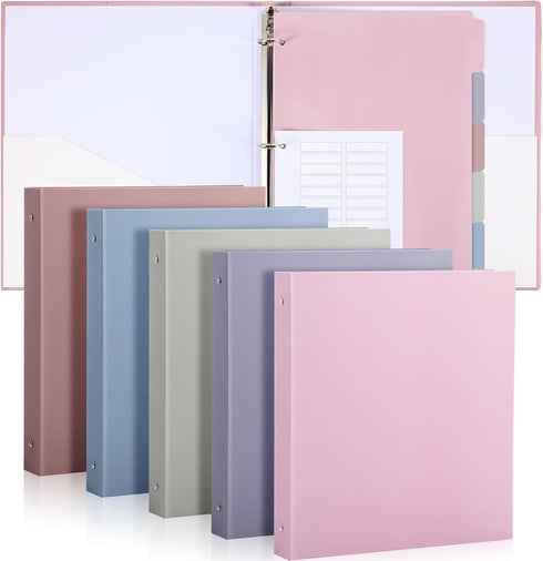 Ctosree 5 Sets Heavy Duty 3 Ring Binder 1 Inch with 2 Pockets, 5 Tab Dividers, 8.5 x 11 Inch, Warm Color
