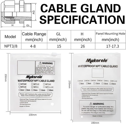 MAKERELE NPT 3/8” Nylon Cable Glands, IP68 Waterproof Strain Relief Cord Connector