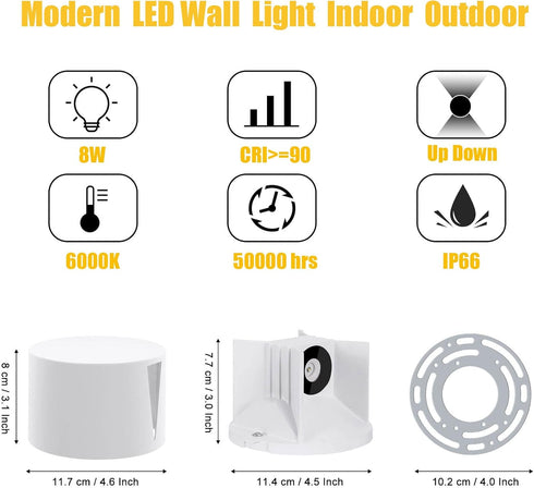 8W 6000K Kawell Modern LED Wall Sconce Light Up Down Waterproof Outdoor Wall Lamp Indoor Hardwired for Bedroom Bathroom