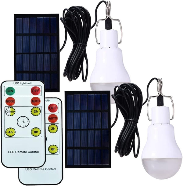 Solar Powered Lamp with Remote Control, Portable LED Bulb Lights, Solar Energy Panel, 350LM, Pack of 2