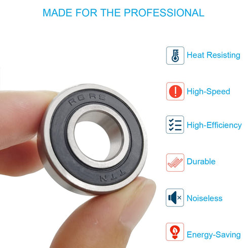 10 PCS R8-2RS Double Rubber Sealed Roller Ball Bearing - 1/2 Inch Bore, ABEC3 Precision Bearing