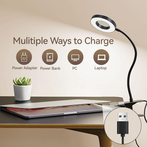LED Desk Lamp with Clip, 3 Color Modes, 10 Brightness Levels, 360 Flexible Gooseneck Light for Home Office