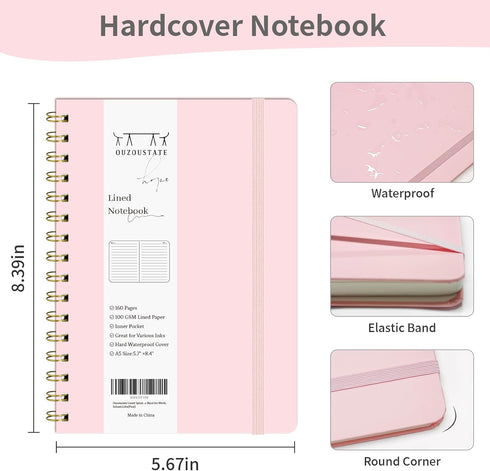 Lined Spiral Notebook 3Pack A5 Pink College Ruled Hardcover Journal 160 Pages-5.67" x 8.4",100 GSM Paper, Spiral Bound Notebook for Work School Note Taking Business by Ouzoustate