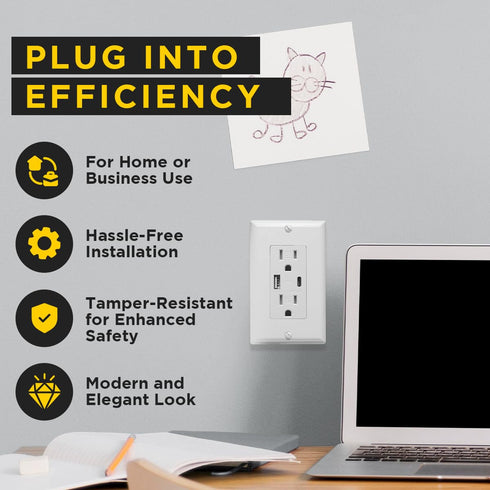 USB Charger and Receptacle Outlet, 4.8A 120V Wall Charging Ports, Fast-Charging Electrical Ports, Cover Plate Included