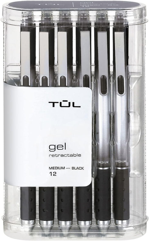 TUL Gel Pens, Retractable, Medium Point, 0.7 mm, Gray Barrel, Black Ink, Pack of 12