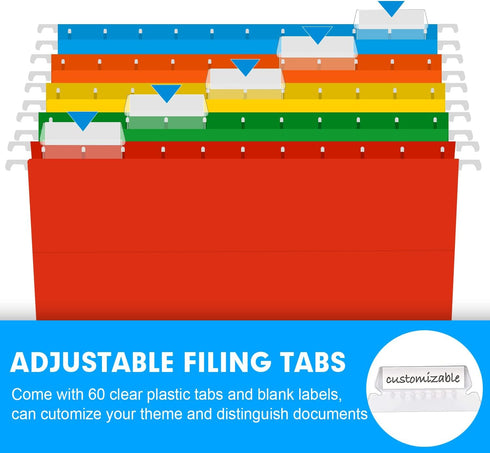 RAZCC Extra Capacity Hanging File Folders, 60 Pack, Letter Size, Reinforced with Heavy Duty 2 Inch Expansion, Assorted