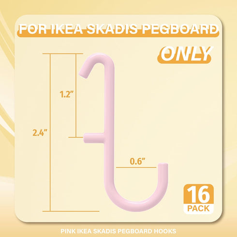 Pink Pegboard Hooks ONLY for IKEA Skadis Pegboard, 16 Pack, Compatible with IKEA SKADIS Pegboard Accessories