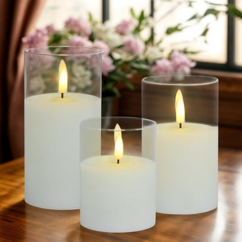 3Pack Flameless Candle in Glass, Flashing LED Pillar Real Wax Fake Candle with Remote Control and Timer, Battery