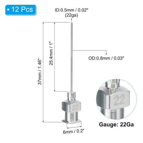 PATIKIL 22Ga x 1 Inch Stainless Steel Dispensing Needle Tips, 12Pcs Metal Glue Needle Tube Blunt Tips Luer Lock for Thick Glue Ink Lab, Silver
