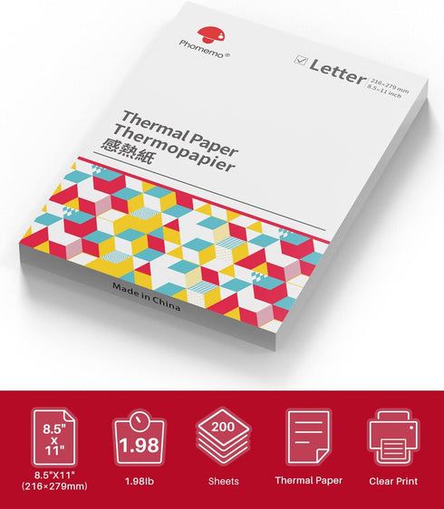 M08F-Letter, M832D, M834, MT800/A285M 8.5" 11", 200 Phomemo US Letter Thermal Printer Paper, Advanced Thermal Printing