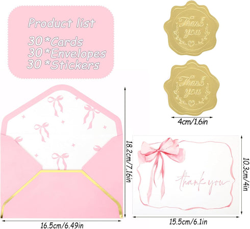 OIPKKUI 30Pack Pink Bow Thank You Cards with Envelopes Gold Foil Stickers Bow Blank Note Card Watercolor Greeting Card