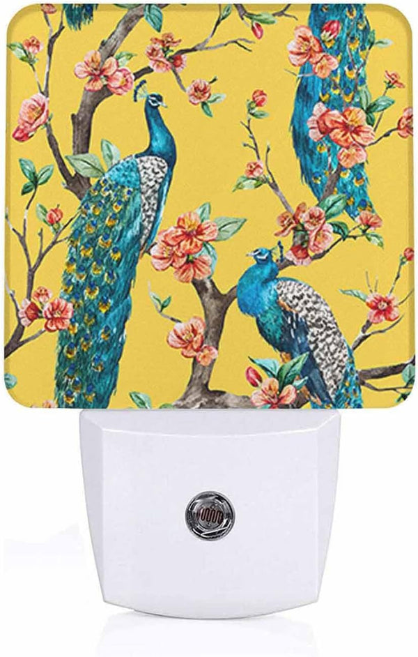 Chrobak LED Night Light,Peacock Tree Cherry Flower Trees Yellow Colorful Bird LED Night