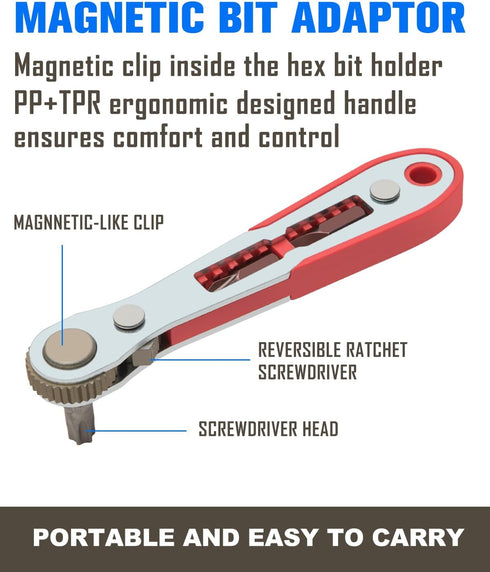 ROTATION 44pc Bit Set, 1/4 Mini Ratchet Offset Screwdriver, Portable Case, CR-V Steel, Multi Hex/Phillips Bits