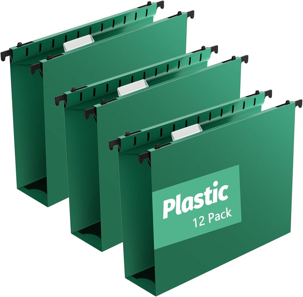 Extra Capacity Plastic Hanging File Folders, 12 Pack Heavy Duty 2 Inch Expansion, Letter Size, Green