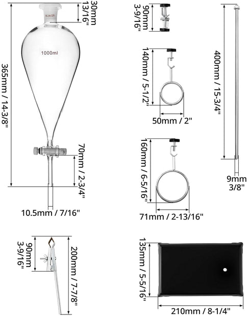 QWORK 1000ml Heavy Wall Conical Separating Funnel, 24/29 Fitting with PTFE Stopcock + Laboratory Distillation Support