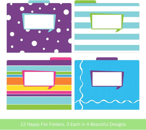 Barker Creek Happy File Folders, Set of 12, Letter Size, 1/3 Cut Tabs for Home, School, Office