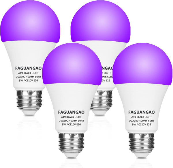 FAGUANGAO 9W A19 UV Blacklight Bulb, 75W Equivalent, E26 Medium Base, 120V UVA 390-400nm, 4 Pack for Parties