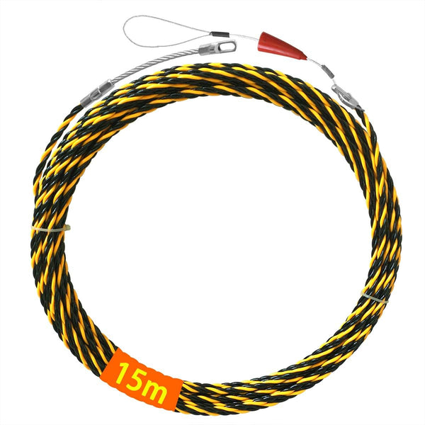 49FT Fish Tape Wire Fishing Tools, 6.0mm Diameter 3 Wires Twisted with Guide Spring, Black and Yellow 15m
