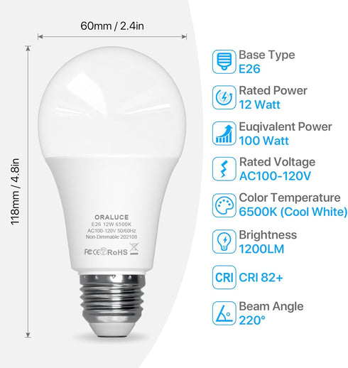 ORALUCE LED Light Bulb, A19 12W Lightbulbs, 100 Watt Equivalent, 120V 1200LM, 6500K Cool White, E26 Medium Base, Non Dimmable, Energy Efficient, UL Listed, 6 Pack by ORALUCE