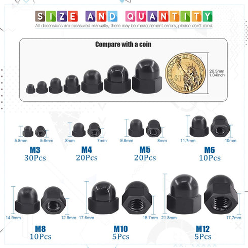 Glarks 100pcs Black Nylon Acorn Hex Nuts Set, M3 M4 M5 M6 M8 M10 M12 Decorative Hexagon Cap Nuts