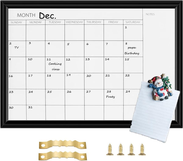 Dry Erase White Board & Monthly Calendar Board, Magnetic Whiteboard for Wall, Office/School/Home, Black Wood Frame