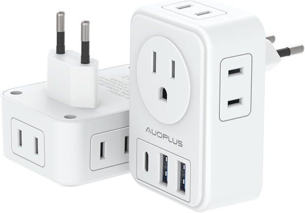 2 Pack European Travel Plug Adapter with USB C, US to Europe Power Adapters with 4 AC Outlets, 3 USB Charging Ports,