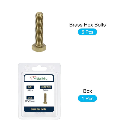 Hex Head Screw Bolt 5Pcs (M8-1.25x35mm), Brass Fully Threaded Solid Hex Bolts for Machinery Repair