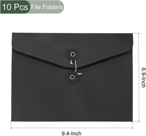 YOKIVE 10 Pack String Envelope File Folder, String Tie Closure Paper Pocket Folders for Office, Black, A5