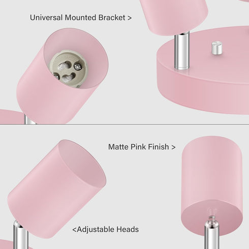 3 GU10 Bulb Light Track Lighting Fixtures Ceiling, Pink Round Directional Spotlight Fixtures, Flush Mount Ceiling