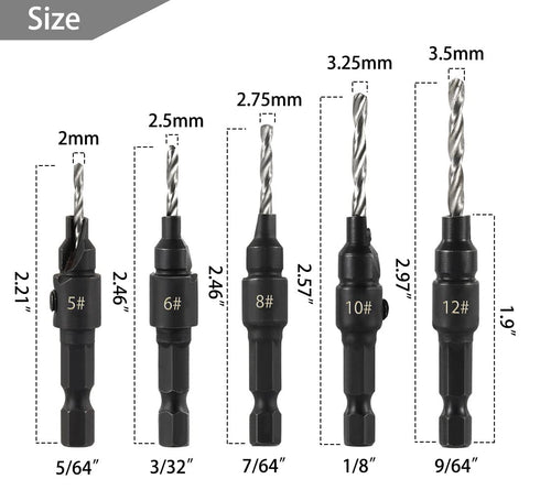 5pcs Wood Countersink Drill Bit Set, Hex Shank Quick Change Counter Sinker, Pilot Bit Set for Woodworking