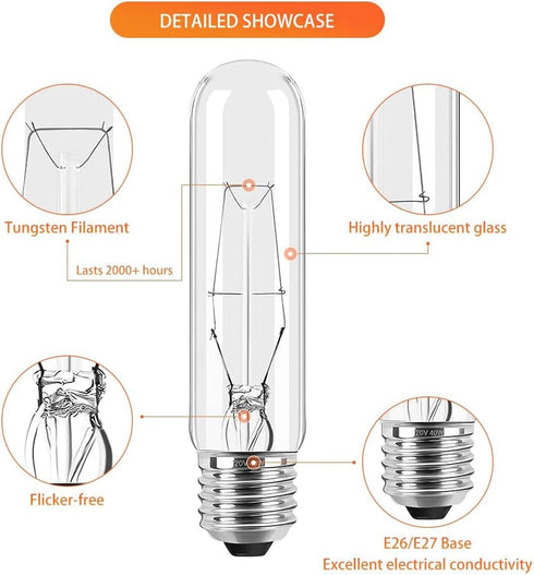 Tiqian 8-Pack 40W T10 Bulbs, White,Dimmable Bulbs E26 2700K, Incandescent LED Light Warm Clear Glass Edison Vintage
