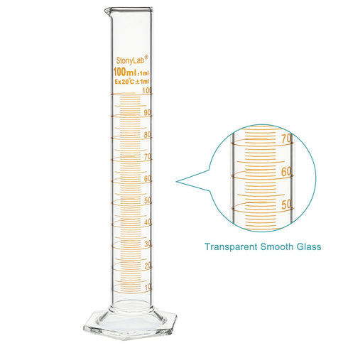 stonylab Graduated Cylinder, 2-Pack B Grade Borosilicate Glass Cylinder, 100 ml with Stable Hexagonal Base