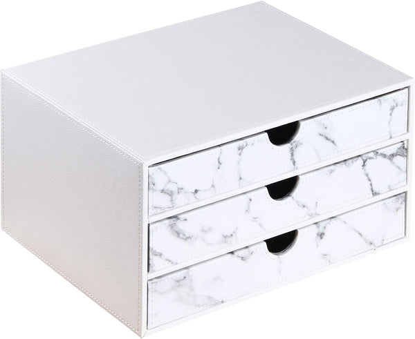 Leather Desk Organizer with 3 Drawers, Executive Office Supplies Desktop Filing Cabinet for Documents, White