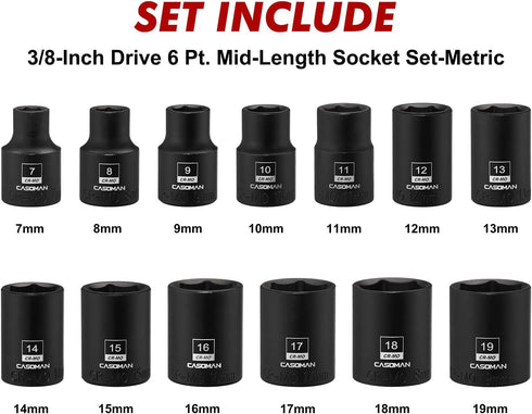 13PCS 3/8"Drive Set, 6-Point, 7mm 19mm, CASOMAN Magnetic Socket Shallow, Metric, to CR-MO
