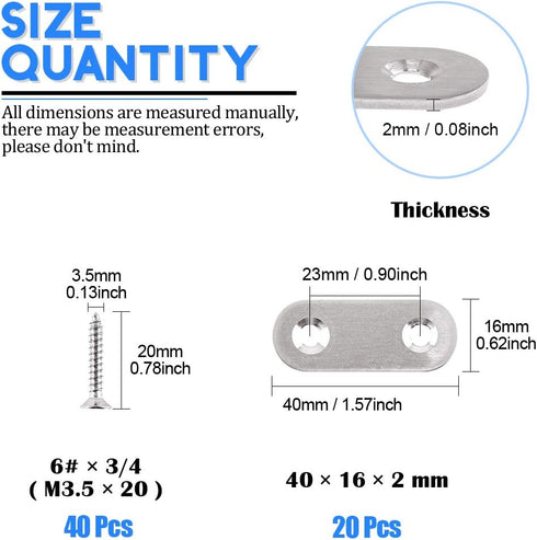 Glarks 20 Sets 40mm/1.6inch Stainless Steel Flat Brace Brackets with 40pcs Self Tapping Screws Set for Repair Fixing