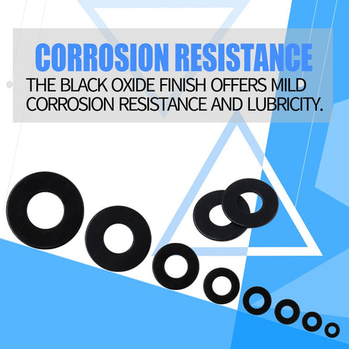 Glarks 410Pcs Metric Flat Washers Assortment Set - M2 M2.5 M3 M4 M5 M6 M8 M10, Black Zinc Plated Alloy