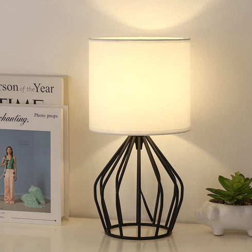 HAITRAL Modern Bedside Table Lamp - Minimalist Small Lamp with Hollowed Out Base Linen Fabric Shade,Metal Nightstand