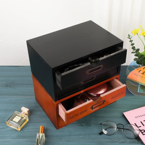 Wooden Storage Box Rustic Desktop Organizer with 2 Drawers, Office Desk Accessories Shelf, Small Craft Storage